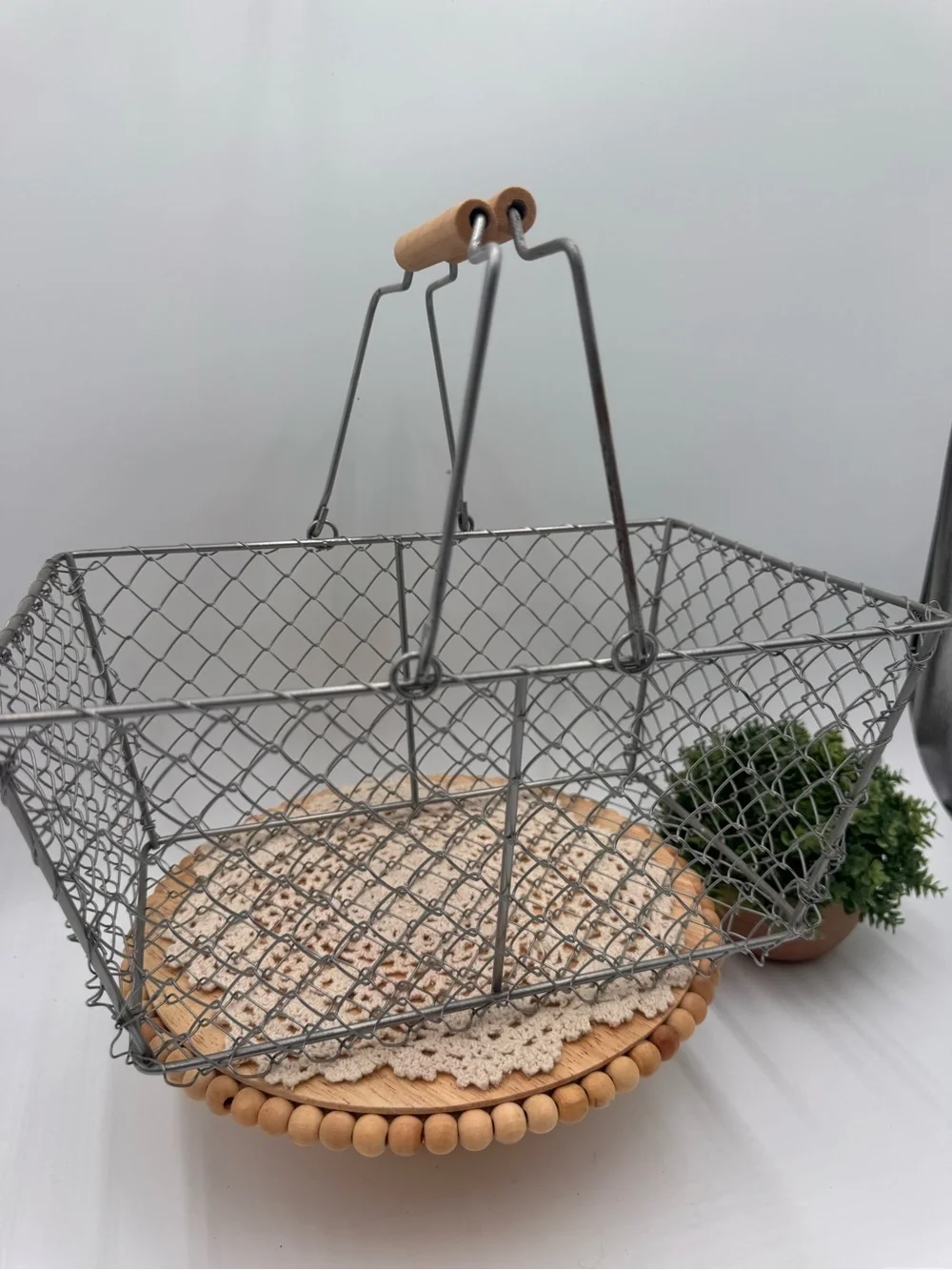 Decorative Wire Market Basket with Wood Handles - Gray